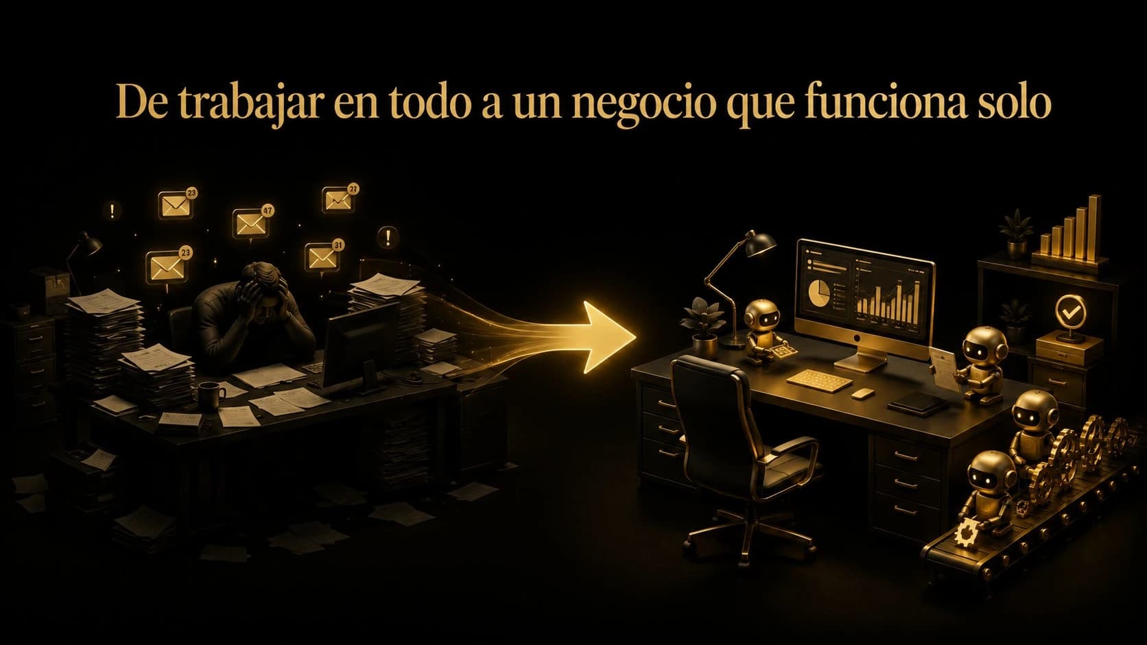 De trabajar en todo a un negocio que funciona solo: a la izquierda un dueño abrumado de papeles y notificaciones; a la derecha el mismo escritorio ordenado, con agentes de IA trabajando solos y la silla del dueño vacía.